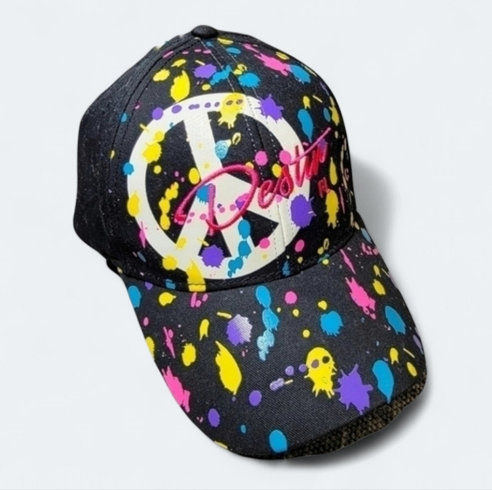 Vintage Y2K Splatter Paint Peace Symbol Hat Destin FL Neon 90s Style